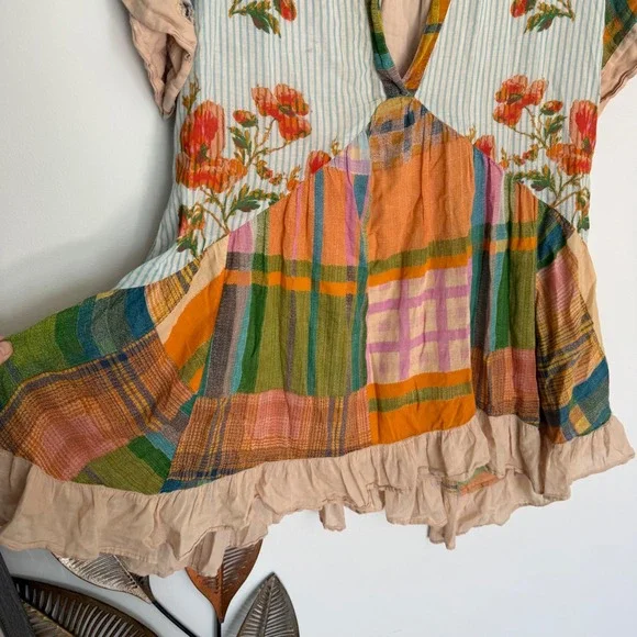 Free People Mixed Print Patchwork Tunic Dress Floral Plaid Boho S V Neck - Picture 9 of 10